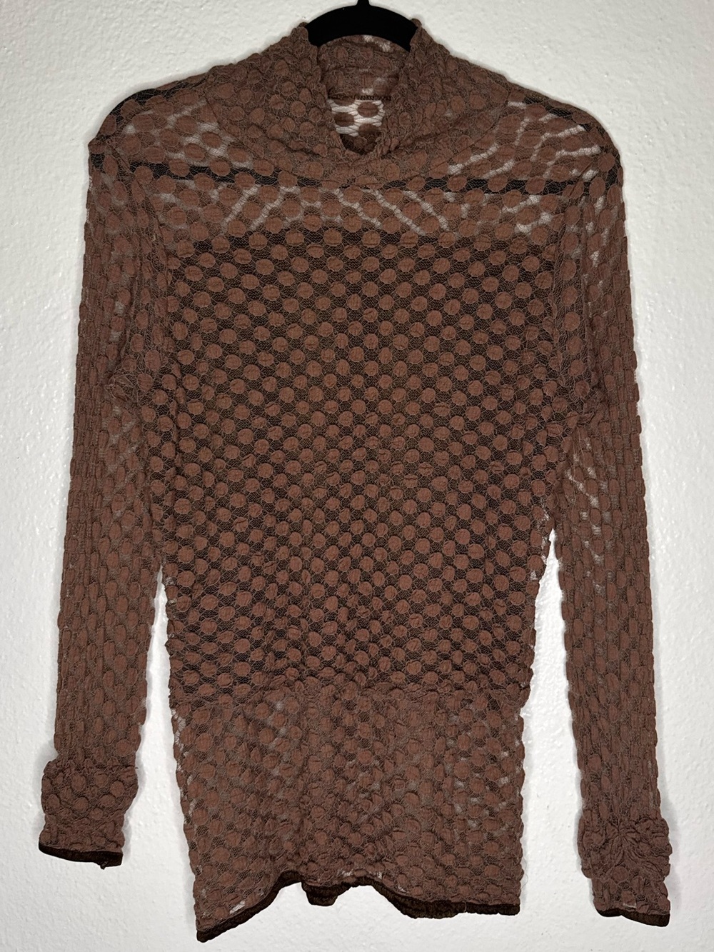 Find Me Now Harmony Checkered Mesh Mock Neck Long Sleeve Top – Chocolate Brown M